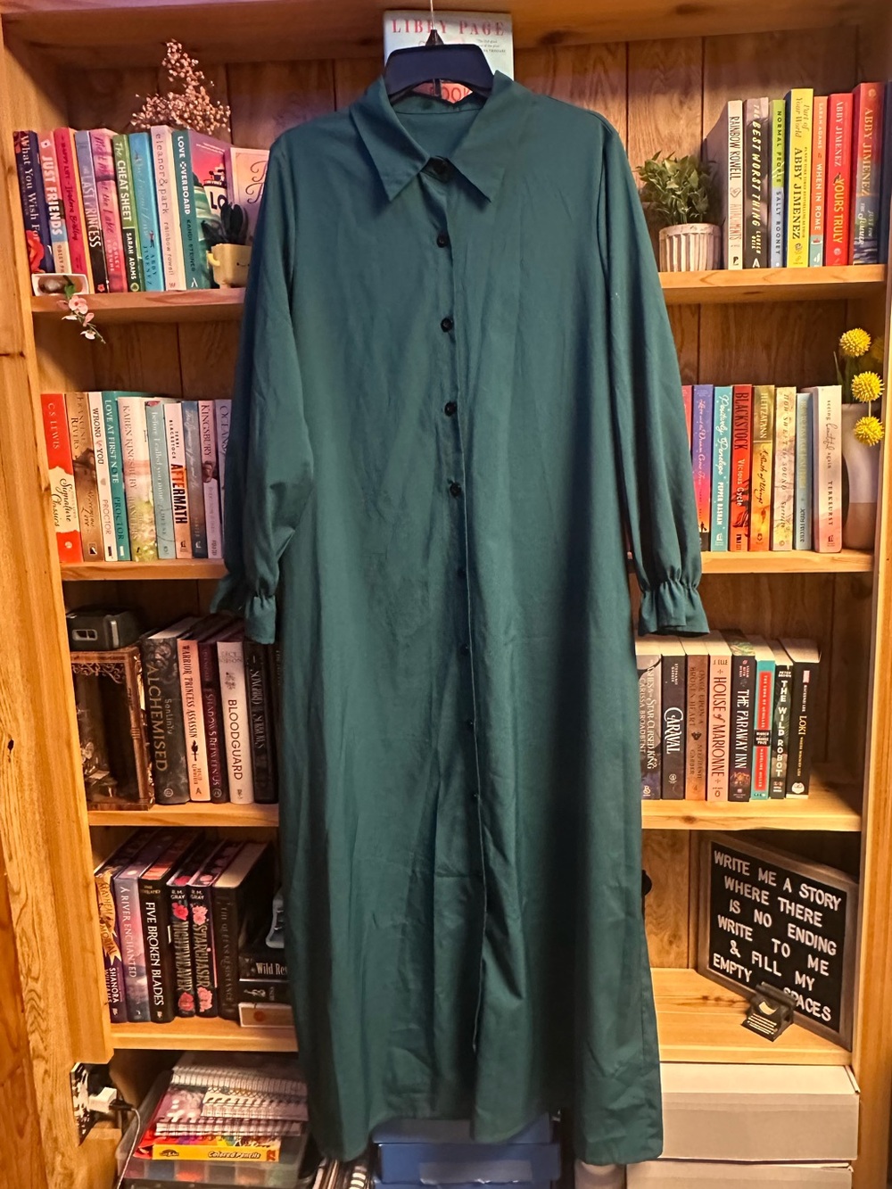 Long Dark Green Button-Front Maxi Shirt Dress - Women